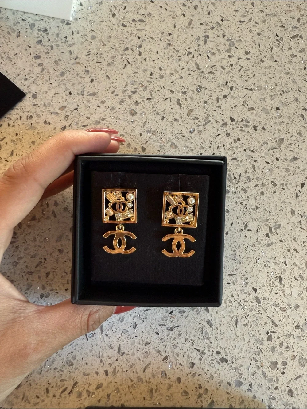 CHANEL Gold-Tone CC Drop Earrings with Pearl and Crystal Accents